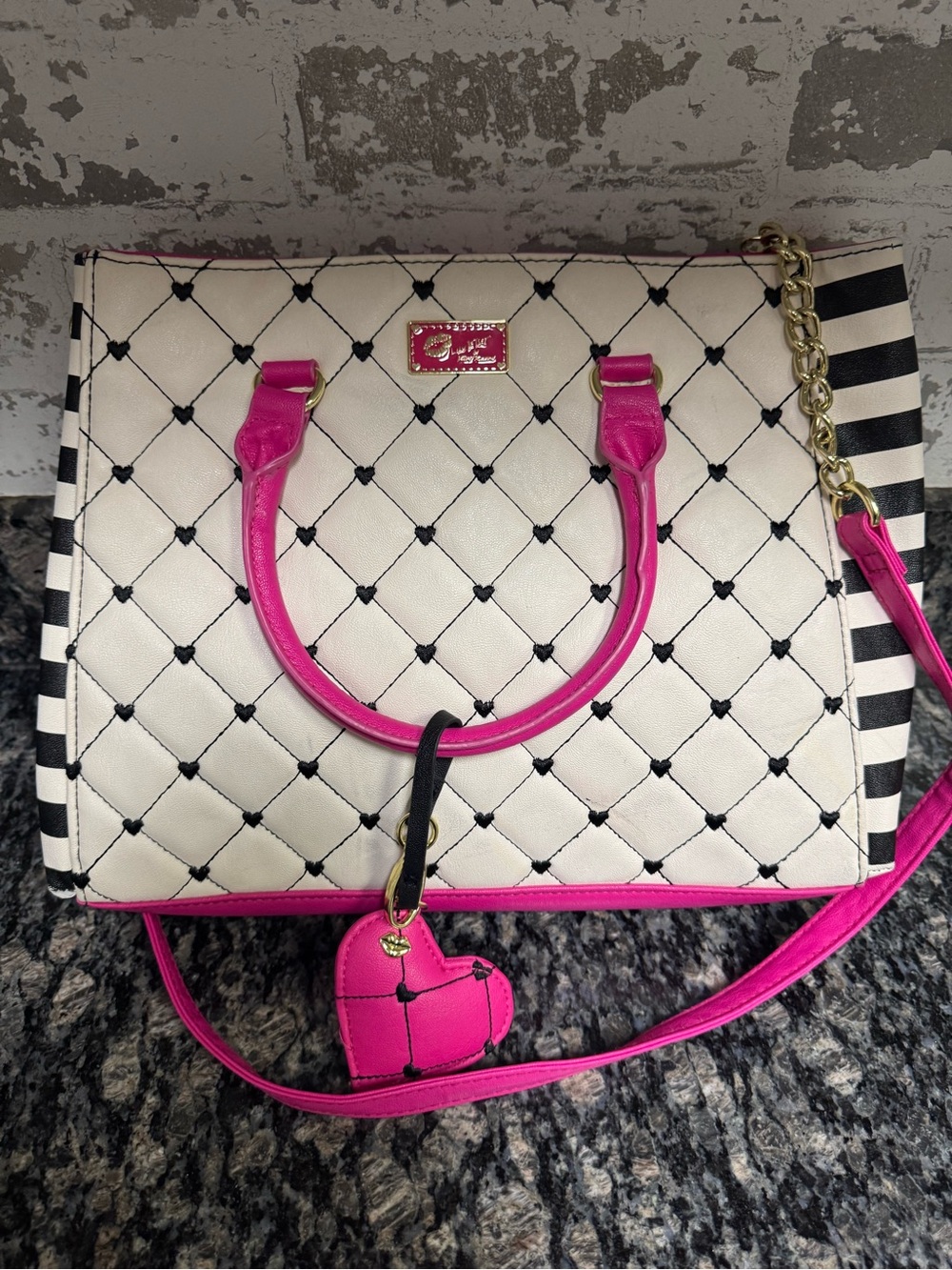 Betsey Johnson White Quilted Tote with Hot Pink Trim and Heart Charm
